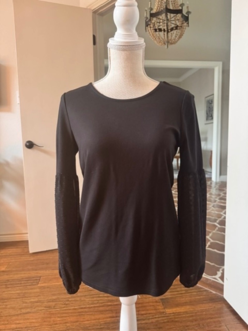 Ann Taylor Black Scoop Neck Blouse with Sheer Swiss Dot Long Sleeves - SZ SP